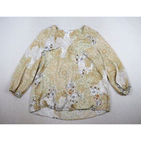 COUNTERPARTS - WOMEN'S BEIGE & GREEN PRINT 3/4 SLEEVE PEASANT PULLOVER TOP - L - Picture 1 of 8